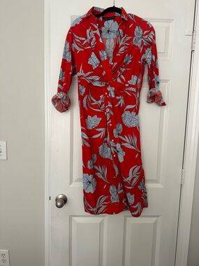Zara Red Midi Dress with blue Floral Motif